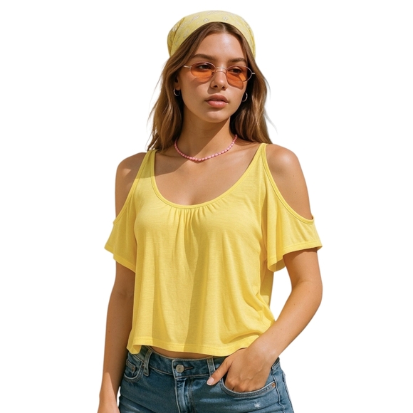 Wmns Butter Yellow Cold Shoulder Top Medium Boho Y2K Flowy Festival Summer - Picture 1 of 8